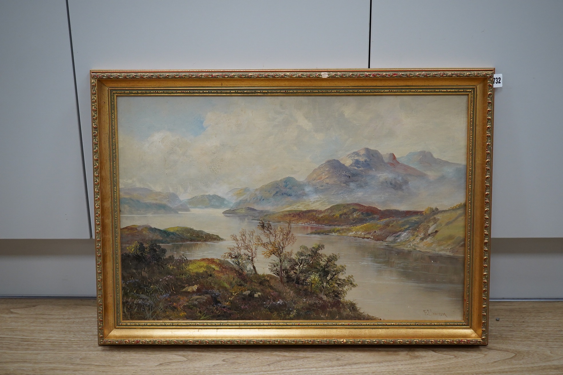 Francis E. Jamieson (1895-1950), oil on board, Scottish highland landscape, signed, 39 x 59cm, ornate gilt framed. Condition - fair, general craquelure